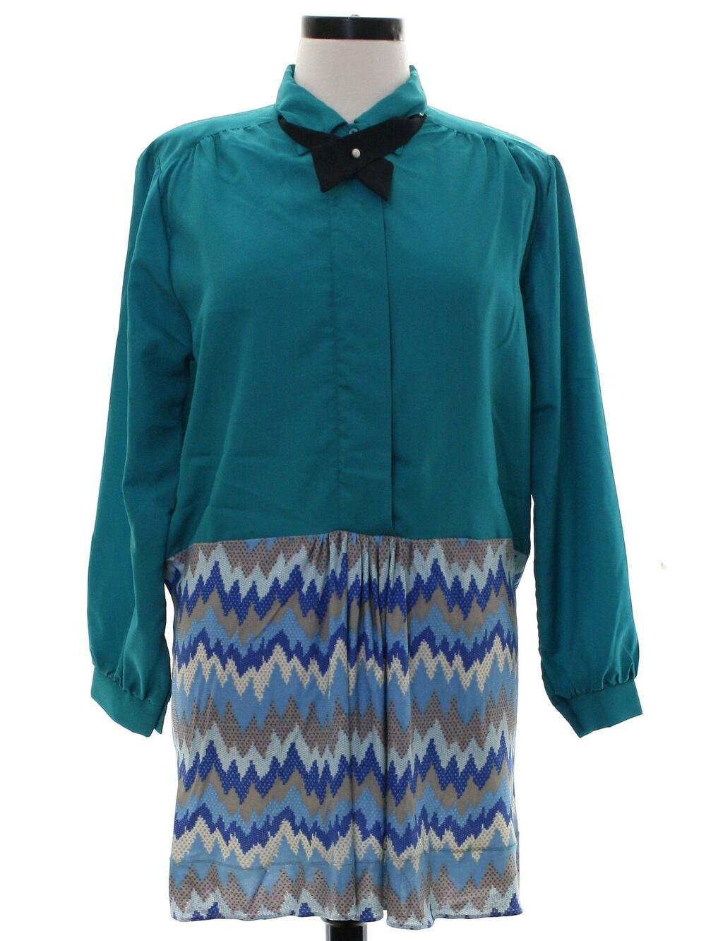 Vintage 80s Joanna Turquoise Shirt Dress Mini Long Sleeve USA Women's 22